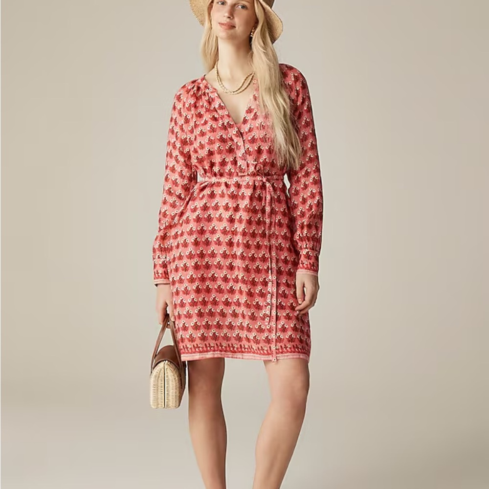 Women's Pink Patterned Long-Sleeve Wrap Dress
